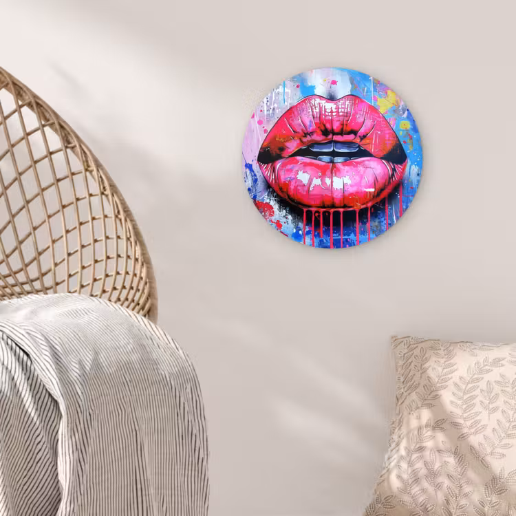 Graffiti - Lippen - Felroze - Geschilderd Wandcirkel kunststof plaat 5mm dik klein -sfeer5