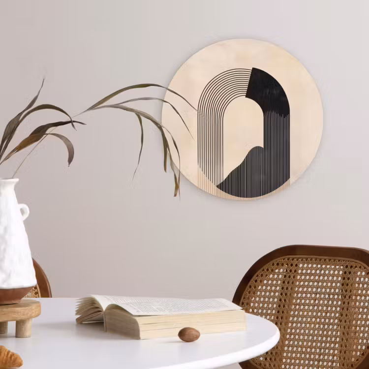 Grafisch gebogen motief - Beige Wandcirkel kunststof plaat 5mm dik klein -sfeer4