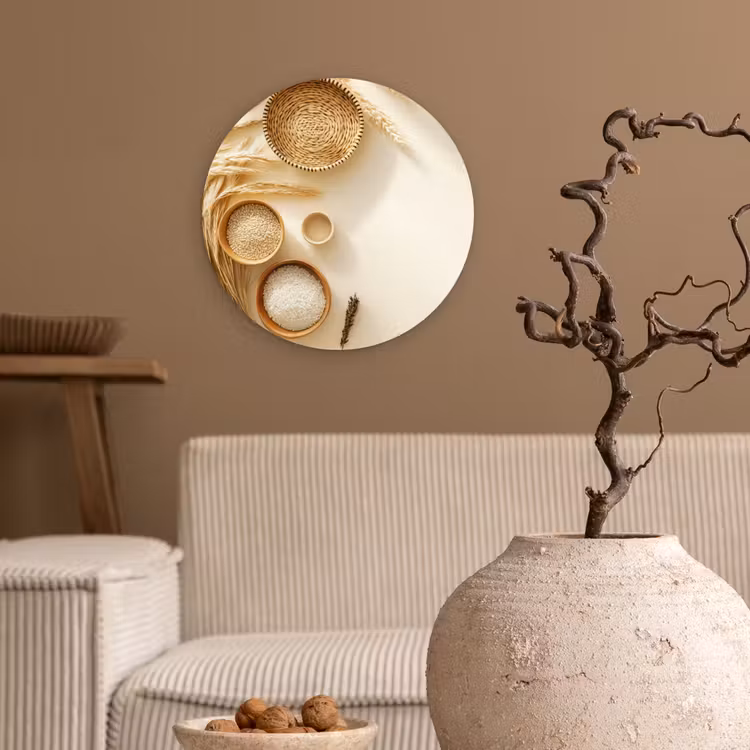 Granen - Hout - Kom - Beige Wandcirkel kunststof plaat 5mm dik klein -sfeer1