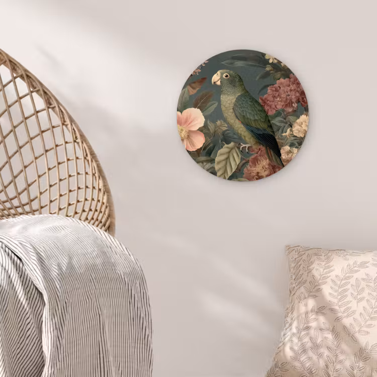 Groene papegaai - Kleurrijke bloemen - Donkere achtergrond Wandcirkel kunststof plaat 5mm dik klein -sfeer5