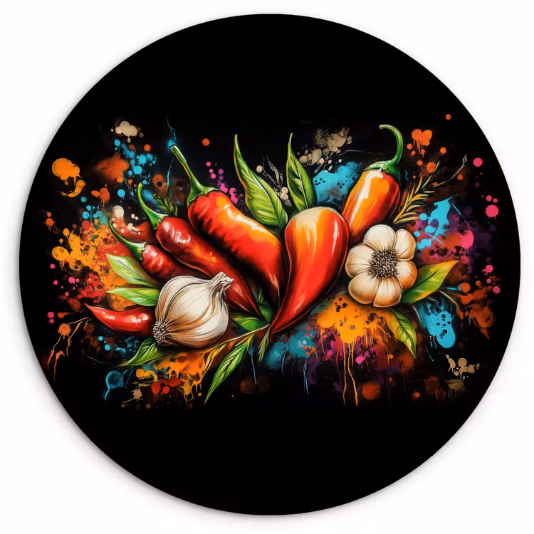 Groente - Peper - Knoflook - Graffiti - Verf - Kleurrijk Wandcirkel kunststof plaat 5mm dik klein -3d