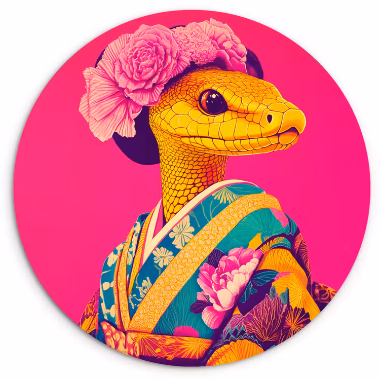 Hagedis - Bloemen - Roze - Kimono Wandcirkel kunststof plaat 5mm dik klein -3d