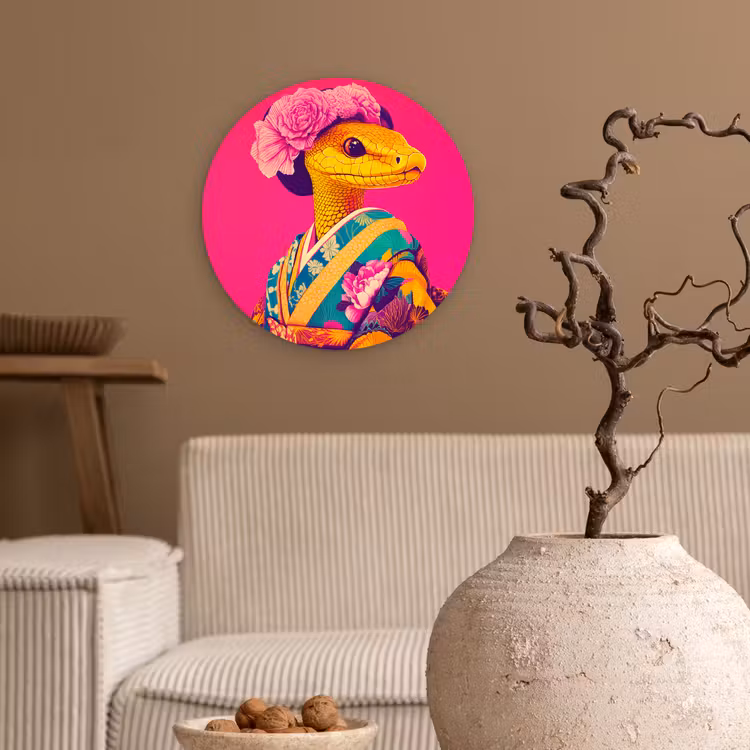 Hagedis - Bloemen - Roze - Kimono Wandcirkel kunststof plaat 5mm dik klein -sfeer1
