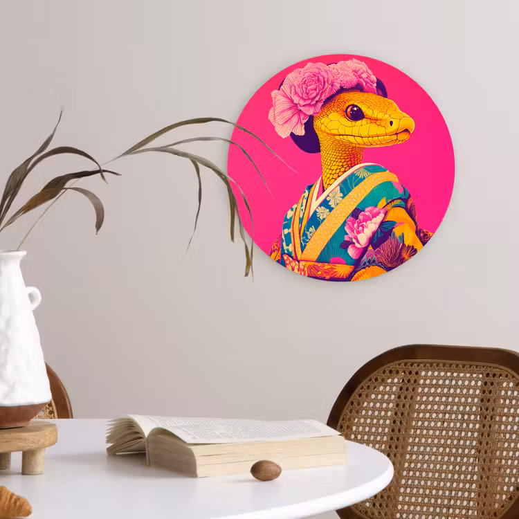 Hagedis - Bloemen - Roze - Kimono Wandcirkel kunststof plaat 5mm dik klein -sfeer4