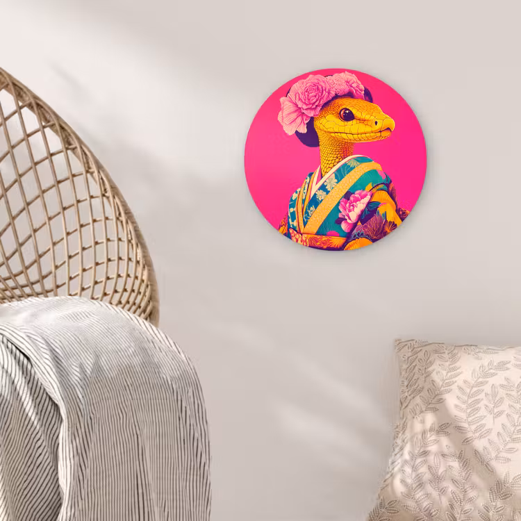 Hagedis - Bloemen - Roze - Kimono Wandcirkel kunststof plaat 5mm dik klein -sfeer5