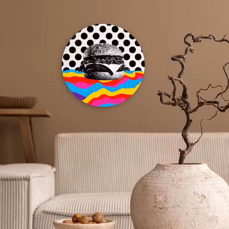 Hamburger - Stippen - Golven - Kleuren Wandcirkel kunststof plaat 5mm dik klein -sfeer1