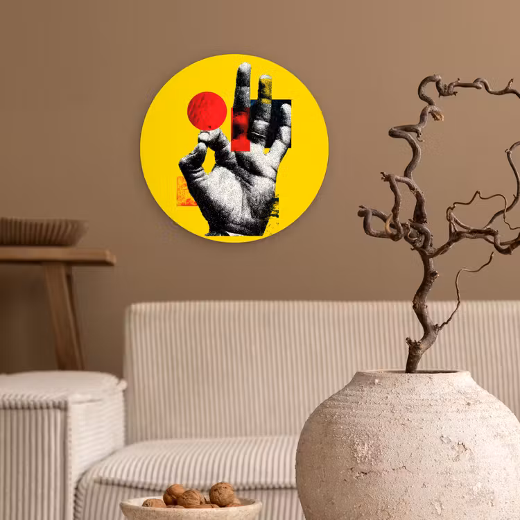 Hand - Rode cirkel - Geel Wandcirkel kunststof plaat 5mm dik klein -sfeer1