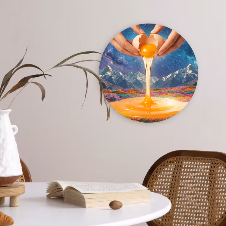 Muurcirkel - Handen - Ei - Surrealisme - Handen - Ei - Surrealisme Wandcirkel kunststof plaat 5mm dik klein