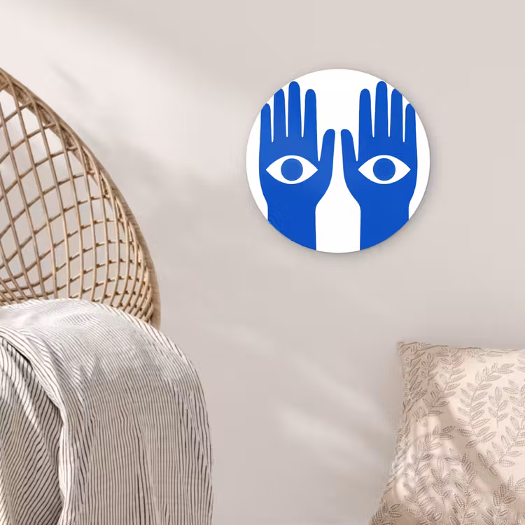 Handen - Twee - Ogen - Blauw Wandcirkel kunststof plaat 5mm dik klein -sfeer5