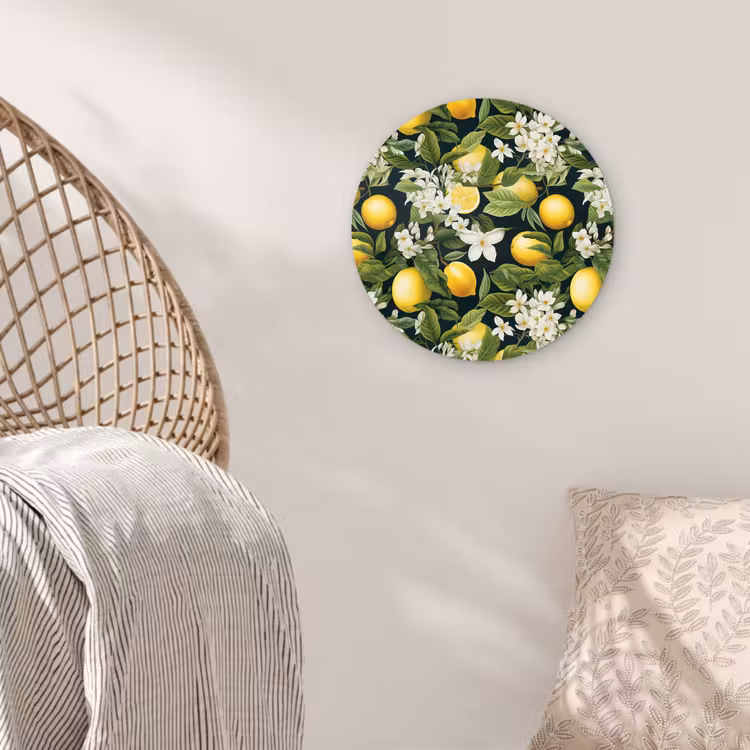 Hangende - Citroenen - Witte - Bloemetjes Wandcirkel kunststof plaat 5mm dik klein 188 -sfeer5