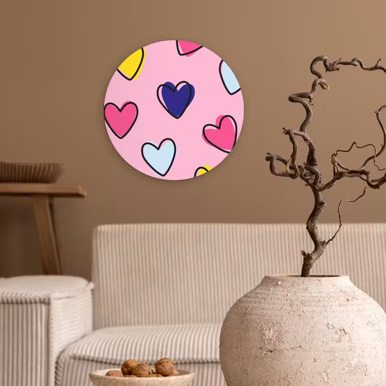 Hartjes - Valentijn - Patroon - Kleurrijk Wandcirkel kunststof plaat 5mm dik klein -sfeer1