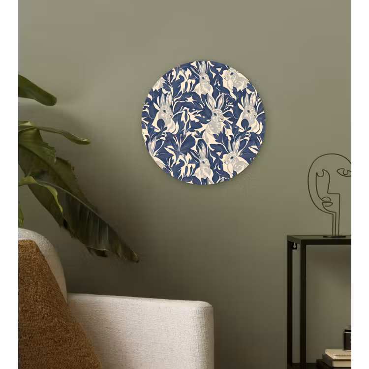 Hazen - Bladeren - Patroon - Blauw - Beige Wandcirkel kunststof plaat 5mm dik klein 188 -sfeer3