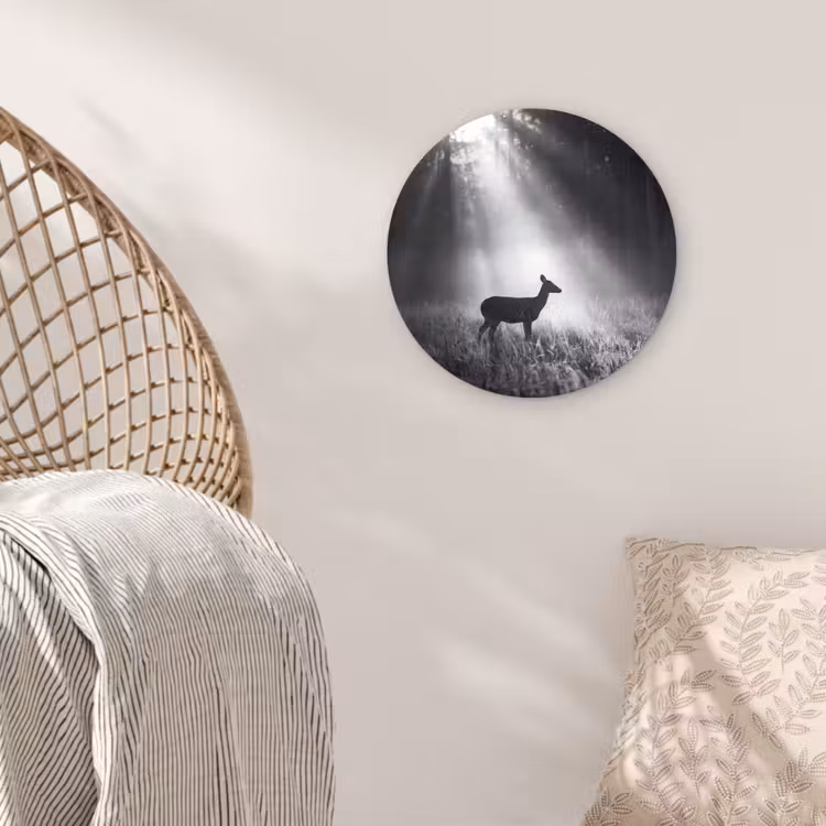 Hert - Bos - Zonnestralen - Zwart-wit - Natuur Wandcirkel kunststof plaat 5mm dik klein -sfeer5