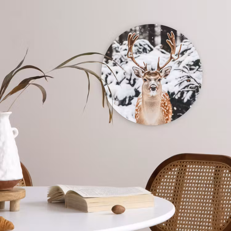 Hert - Sneeuw - Winter - Bos - Dieren Wandcirkel kunststof plaat 5mm dik klein -sfeer4