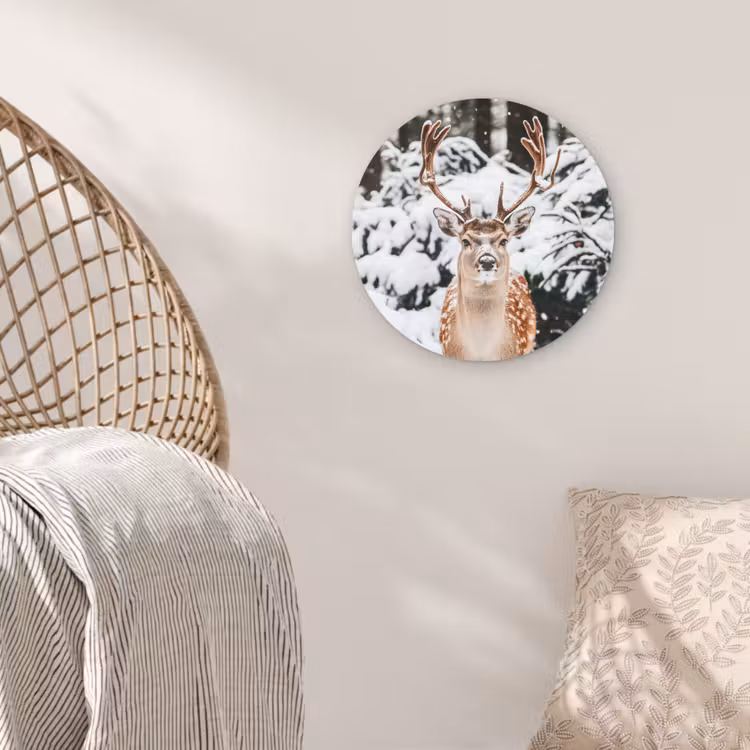 Hert - Sneeuw - Winter - Bos - Dieren Wandcirkel kunststof plaat 5mm dik klein -sfeer5