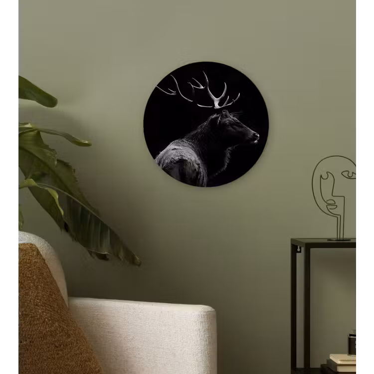 Hert - Zwart - Portret - Gewei - Dieren Wandcirkel kunststof plaat 5mm dik klein -sfeer3