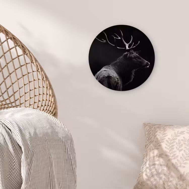 Hert - Zwart - Portret - Gewei - Dieren Wandcirkel kunststof plaat 5mm dik klein -sfeer5