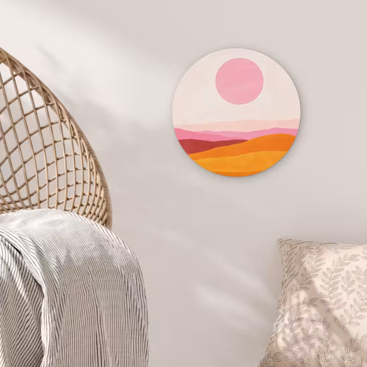 Heuvels - Oranje - Zon - Abstract Wandcirkel kunststof plaat 5mm dik klein -sfeer5