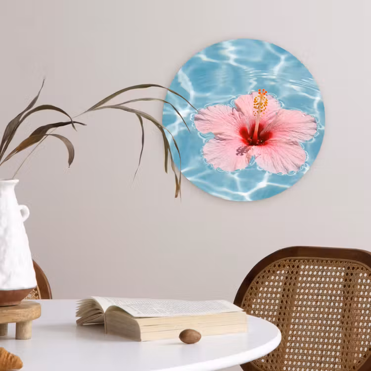 Hibiscus - Water - Roze Wandcirkel kunststof plaat 5mm dik klein -sfeer4