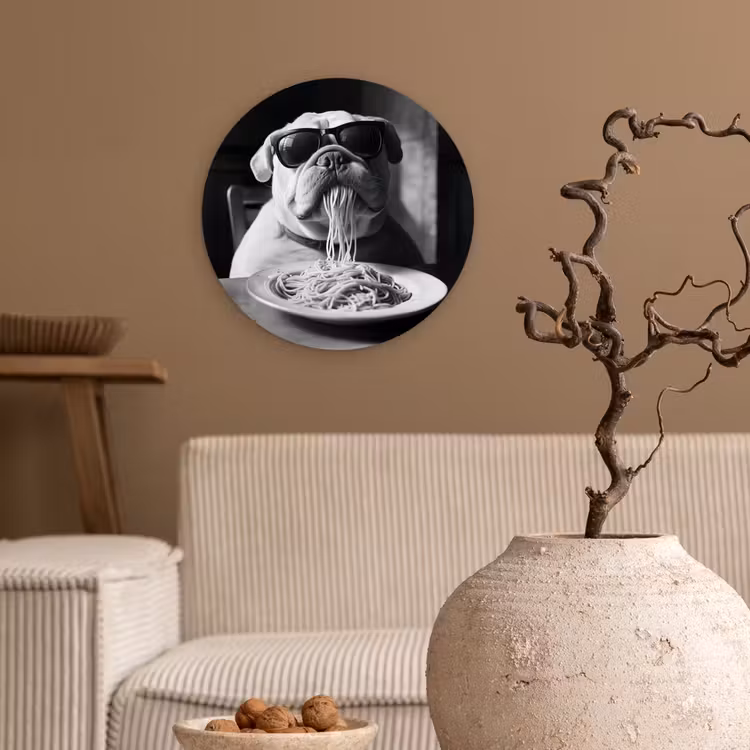 Hond - Bulldog - Pasta - Bril - Stoer - Dieren Wandcirkel kunststof plaat 5mm dik klein -sfeer1