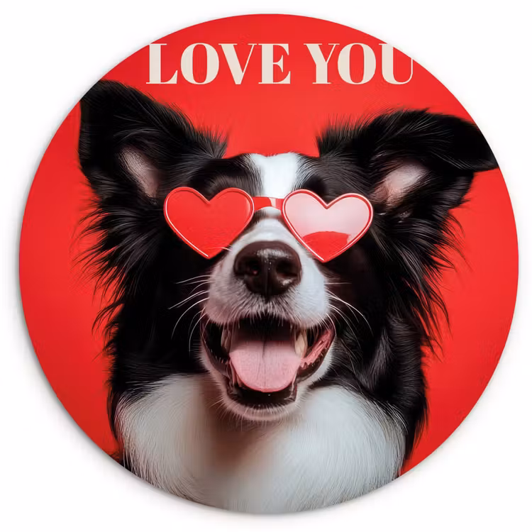 Hond - Hartjesbril - Loveyou - Rood Wandcirkel kunststof plaat 5mm dik klein -3d