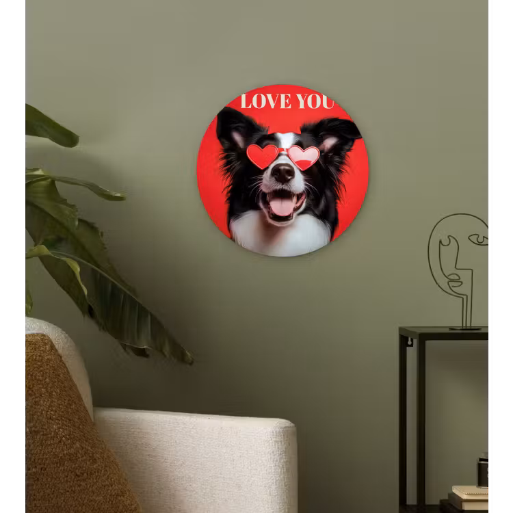 Hond - Hartjesbril - Loveyou - Rood Wandcirkel kunststof plaat 5mm dik klein -sfeer3