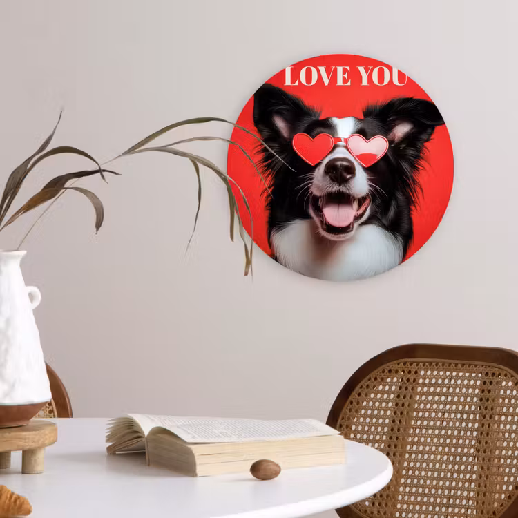 Hond - Hartjesbril - Loveyou - Rood Wandcirkel kunststof plaat 5mm dik klein -sfeer4