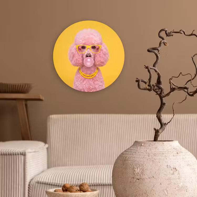 Hond - Kauwgum - Dieren - Modern - Roze Wandcirkel kunststof plaat 5mm dik klein -sfeer1