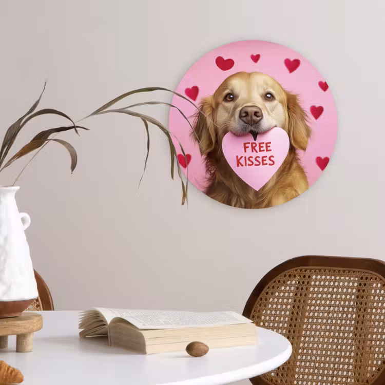 Hond - Kiss- Valentijn - Hartjes Wandcirkel kunststof plaat 5mm dik klein -sfeer4