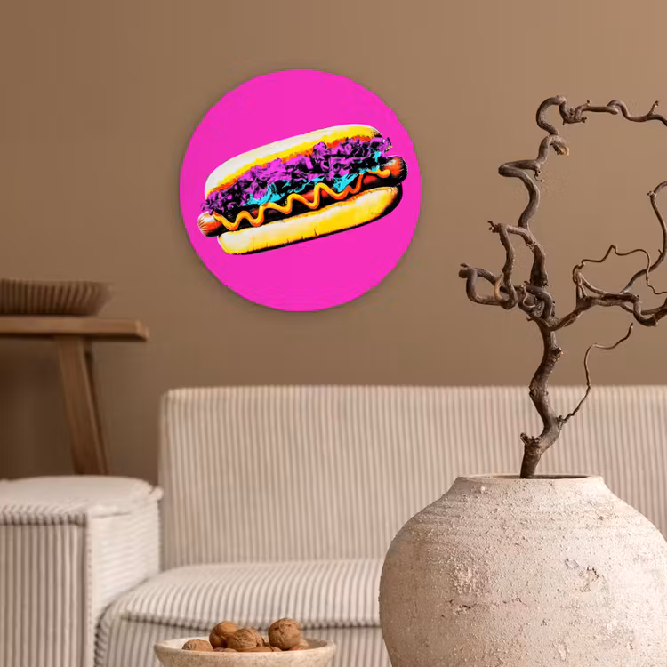 Hotdog - Roze - Retro Wandcirkel kunststof plaat 5mm dik klein -sfeer1