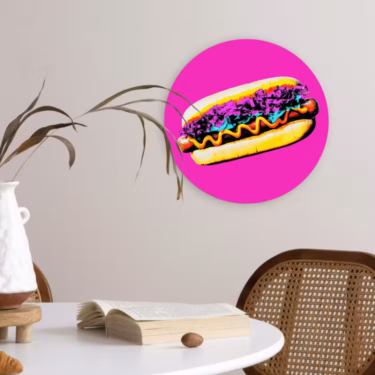 Hotdog - Roze - Retro Wandcirkel kunststof plaat 5mm dik klein -sfeer4