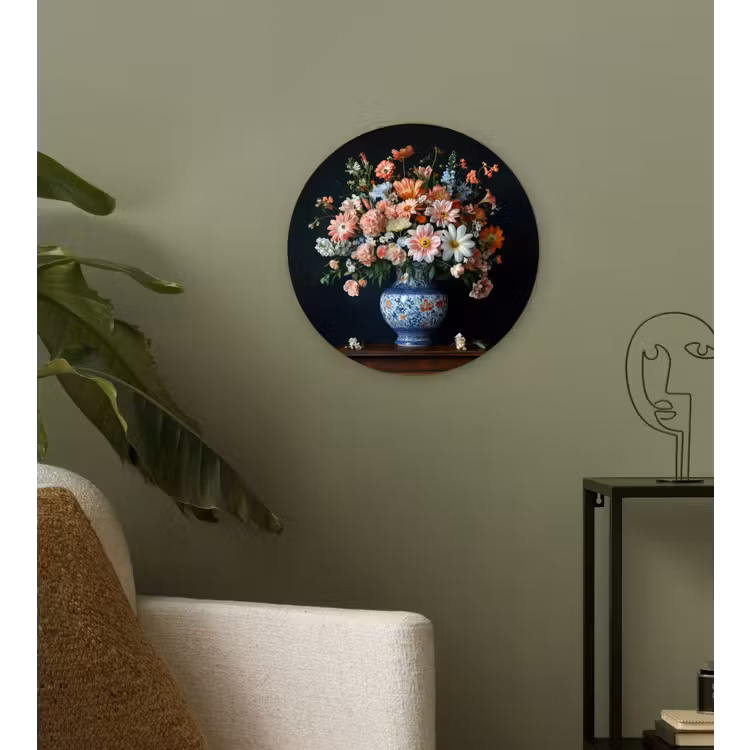 Hout - Vaas - Kleuren - Bloemen Wandcirkel kunststof plaat 5mm dik klein -sfeer3