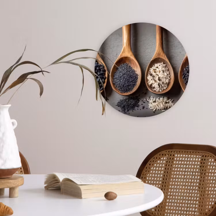 Houten - Lepels - Rijst - Zaden Wandcirkel kunststof plaat 5mm dik klein -sfeer4