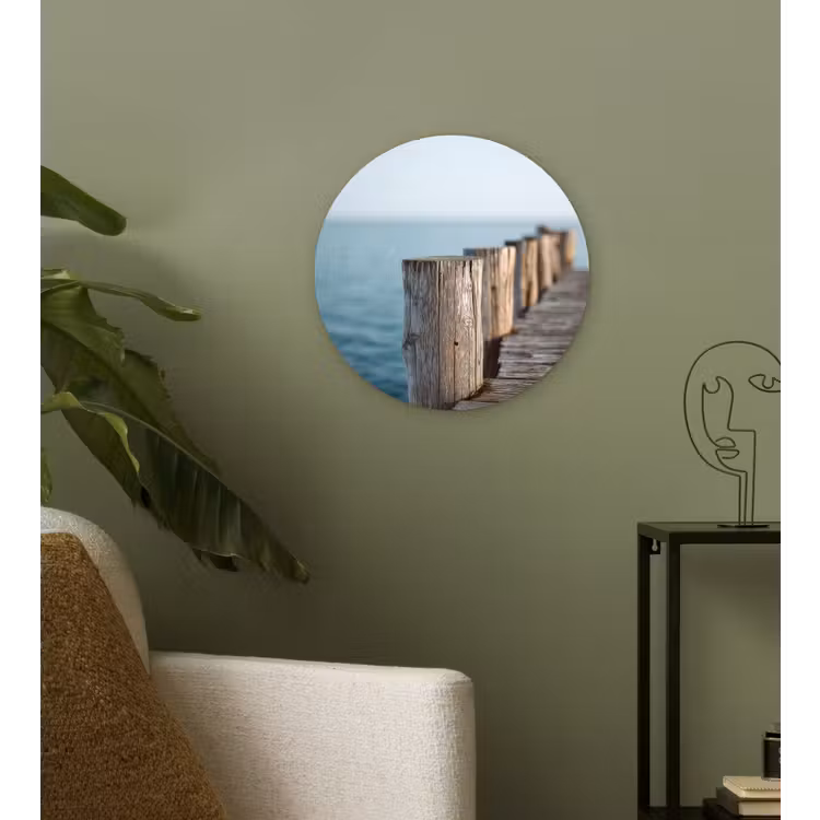 Houten steiger - Helderblauwe lucht Wandcirkel kunststof plaat 5mm dik klein -sfeer3