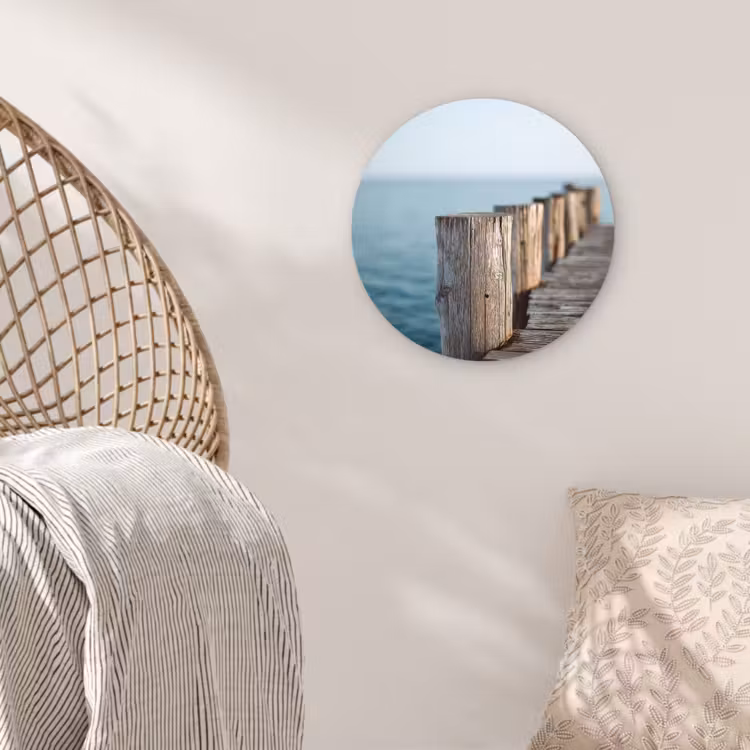 Houten steiger - Helderblauwe lucht Wandcirkel kunststof plaat 5mm dik klein -sfeer5