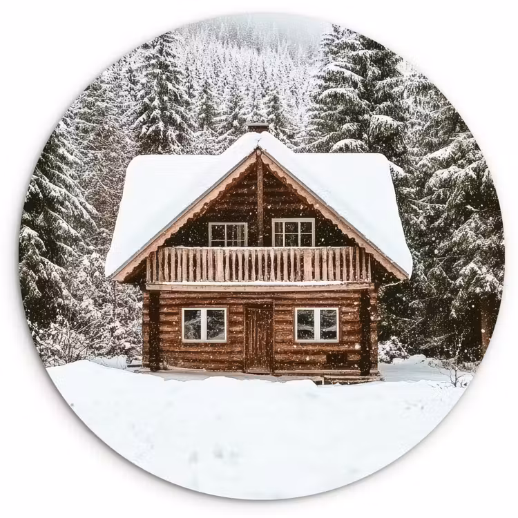 Huis - Bos - Winter - Natuur - Sneeuw Wandcirkel kunststof plaat 5mm dik klein -3d