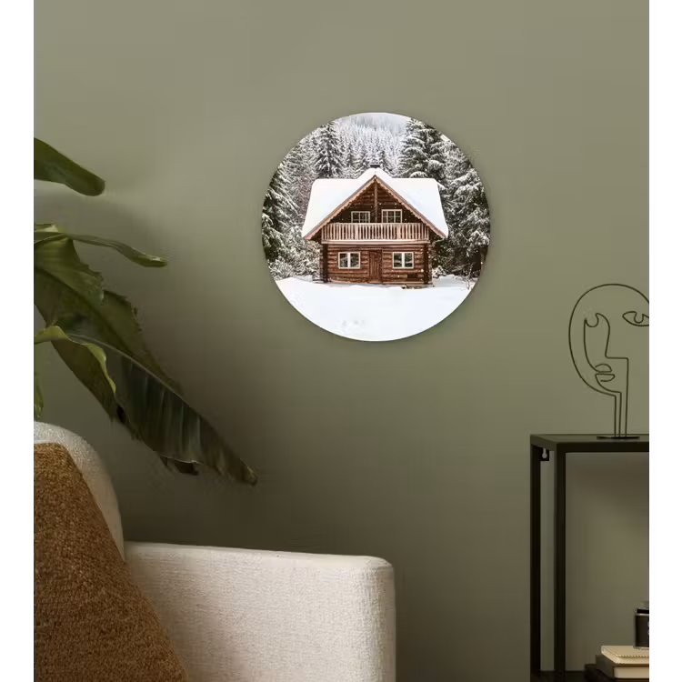 Huis - Bos - Winter - Natuur - Sneeuw Wandcirkel kunststof plaat 5mm dik klein -sfeer3
