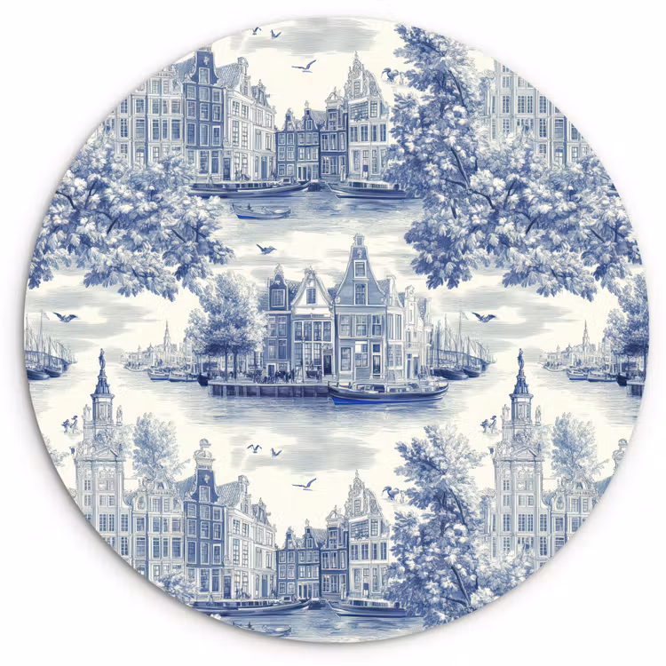 Huizen - Bomen - Water - Vogels - Blauw Wandcirkel kunststof plaat 5mm dik klein 188 -3d