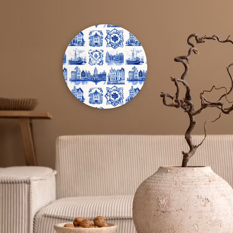 Huizen - Schepen - Blauw Wandcirkel kunststof plaat 5mm dik klein 188 -sfeer1