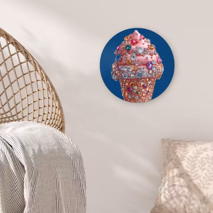Ijsje - Hoorntje - Steentjes - Blauw Wandcirkel kunststof plaat 5mm dik klein -sfeer5