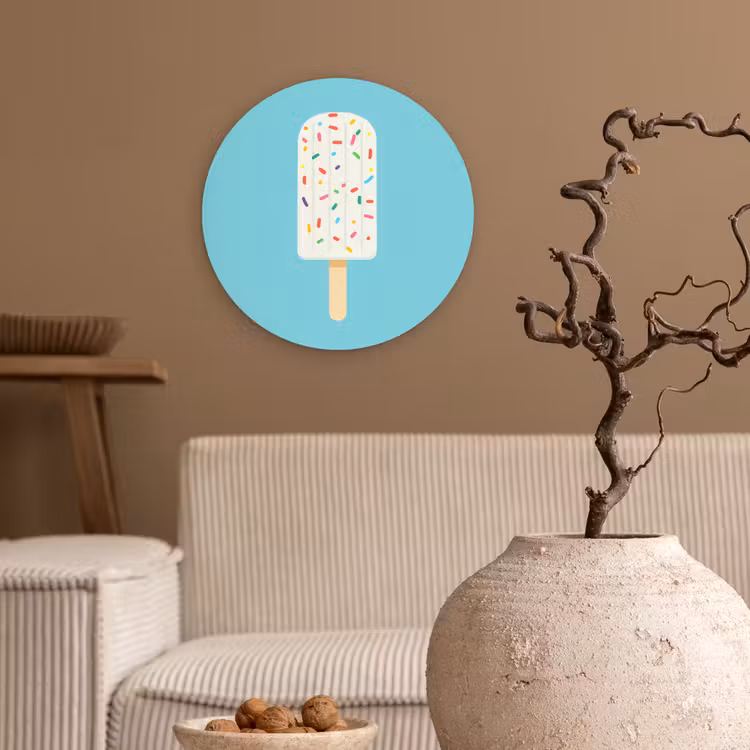 Ijsje - Stokje - Sprinkles - Lichtblauw Wandcirkel kunststof plaat 5mm dik klein -sfeer1