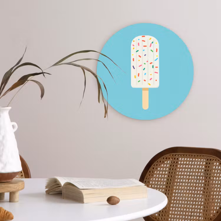 Ijsje - Stokje - Sprinkles - Lichtblauw Wandcirkel kunststof plaat 5mm dik klein -sfeer4
