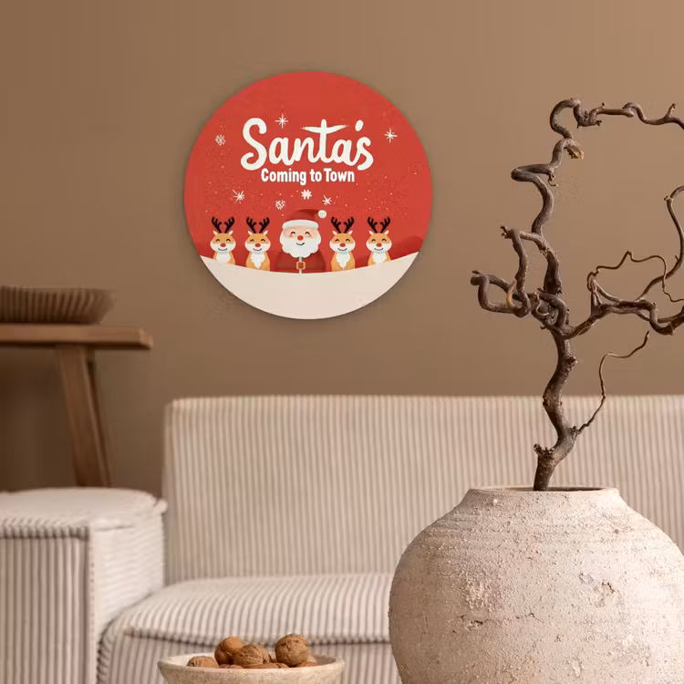 Illustratie - Kerstman - Rendieren - Rood Wandcirkel kunststof plaat 5mm dik klein -sfeer1