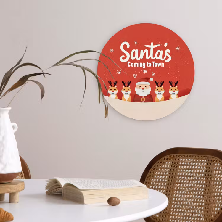 Illustratie - Kerstman - Rendieren - Rood Wandcirkel kunststof plaat 5mm dik klein -sfeer4