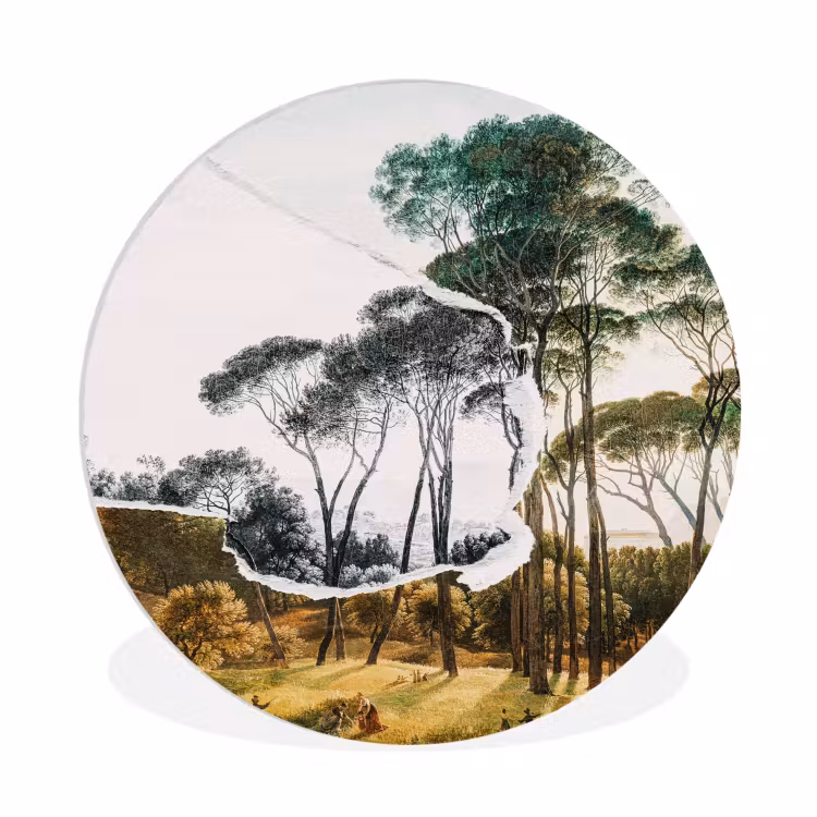 Italiaans landschap parasoldennen - Kunst - Hendrik Voogd - Schilderij - Zwart wit - Oude meesters Wandcirkel kunststof plaat 5mm dik klein -3d