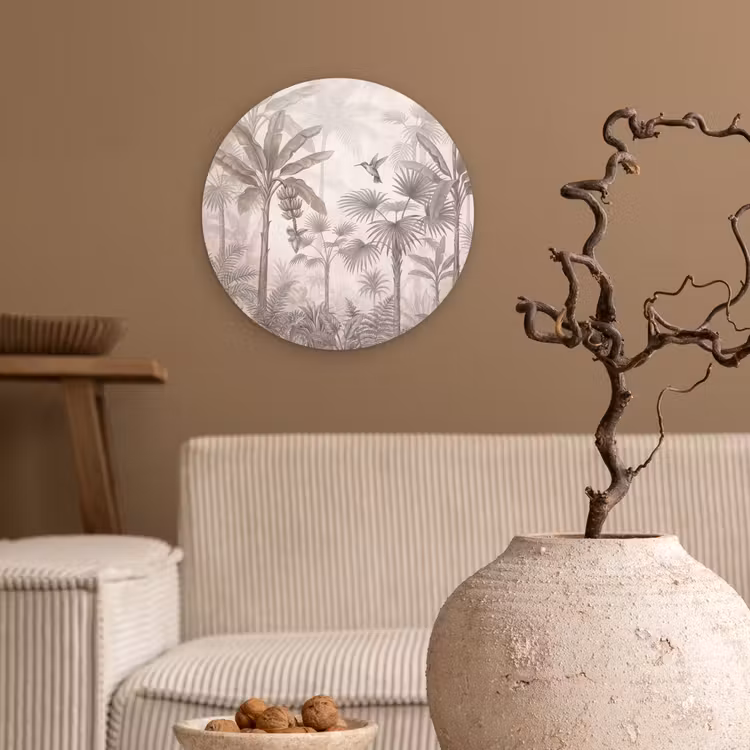 Jungle - Banenboom - Kolibrie - Beige Wandcirkel kunststof plaat 5mm dik klein -sfeer1