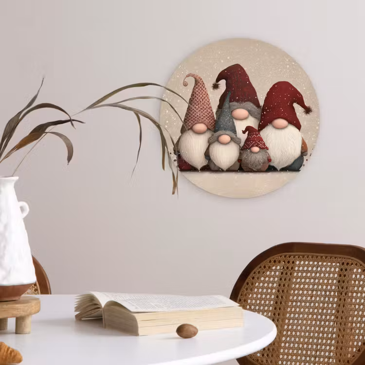 Kabouters - Kerst - Sneeuw - Puntmutsen Wandcirkel kunststof plaat 5mm dik klein -sfeer4