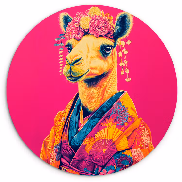 Kameel - Bloemen - Kimono - Waaiers Wandcirkel kunststof plaat 5mm dik klein -3d