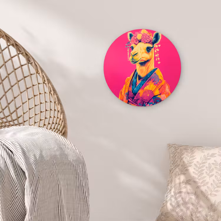 Kameel - Bloemen - Kimono - Waaiers Wandcirkel kunststof plaat 5mm dik klein -sfeer5
