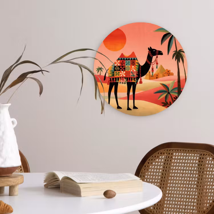 Kameel - Gekleurd tapijt - Duinen - Rode zon Wandcirkel kunststof plaat 5mm dik klein -sfeer4
